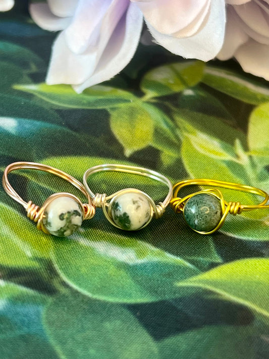 Moss Agate Wire Wrapped Ring